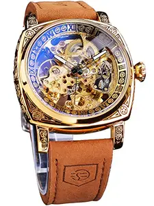 FORSINING Leather Square Retro Mechanical Analogue Watch For Men's, Gorgeous Hollow Skeleton Self-Wind Carved Automatic Vintage Leather Strap Wristwatch Silver Dail Black Strap, Gold, Mechanical