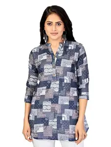 Women's Cotton Blend Mandarin Collar 3/4 Sleeves Short Top (NavyBlue, L)-PID56271