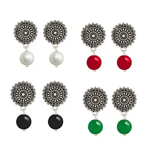 JFL - Jewellery for Less Contemporary Fashion Combo of Pearl, Red, Green and Black Onyx Beads with German Silver Oxidized Stud Drop Earring Set (Set of 4),Valentine