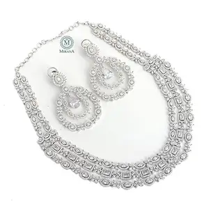 MIRANA Livia Triple Layered Designer Necklace Set (White/Rhodium)