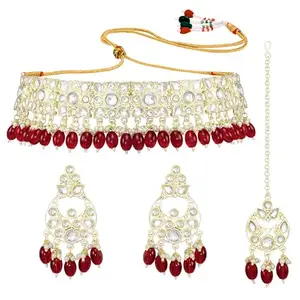 Peora Gold Plated Maroon Kundan & Beads Studded Choker Necklace Earrings Maangtikka Ethnic Jewellery Set for Women