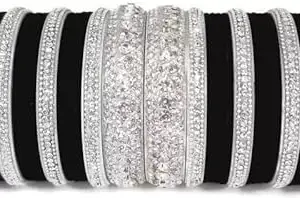 SGN FASHION Metal, Acrylic, Lac Diamond Silver Bangle Set (Pack of 36) (black silver, 2.8) For Women