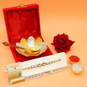 AC ANAND CRAFTS Premium Rakhi for Brother with Gift Silver and Gold Plated Floral Shape Bowl and Spoon Set with Red Velvet Box| Bhaiya Rakhi with Roli Chawal for Bro, Brother, Bhaiya, Bhai