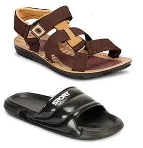 Liboni Men's Comfort Flip- Flops, Black Slippers & Brown Sandals Combo Pack of 2 (8)