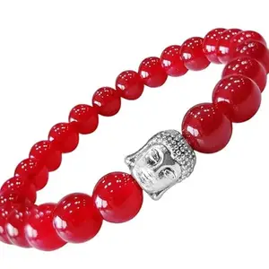 Natural Ruby Onyx Bracelett with Buddha Head for Men & Women – Stretchable Manik Stone Elastic Bracelett for Protection, Courage, Success & Good Luck – Ideal for Weddings, Office & Gifts