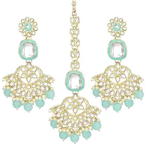 Peora Gold Plated Sky Blue Kundan & Beads Studded Ethnic Dangle Earring & Maangtikka Set Traditional Fancy Jewellery Gift for Women & Girls