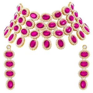 Peora Gold Plated Rani Pink Crystal & Beads Studded Necklace Earrings Set Ethnic Jewellery for Women