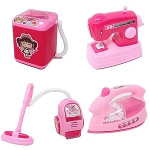 NIYAMAT Battery Operated Mini Household Home appliances Set of Washing Machine, Vacuum Cleaner, Sewing Machine and Iron for Kids Pretend playset-Pink (Pack of 4)