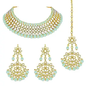 Peora Gold Plated White Pearl Kundan Choker Necklace with Earring Maang Tikka Traditional Jewellery Set for Women
