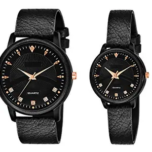 KIARVI GALLERY Black Romen Digit Dial Leather Strep Lovers Couple Analogue Men & Women's Watch (Pack of 2)