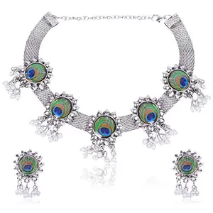 Jewelry Heaven Oxidized Silver Antique Peacock Choker Necklace Set for Women & Girls