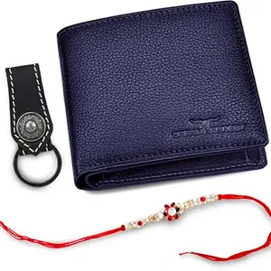 URBAN FOREST Rakhi Gift Hamper for Brother - Blue Men's Leather Wallet, Black Keyring and Rakhi Combo Gift Set for Brother - 4557R