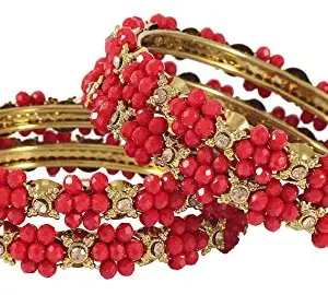 ZULKA Non-Precious Metal Base Metal with Pearl Or Zircon Gemstone and Flower Shaped Glossy Finished Kada Set For Women and Girls, (Red_2.4 Inches), Pack Of 4 Kada Set