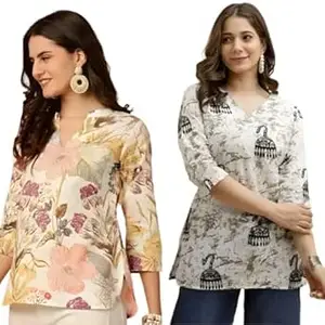 MS VHCK ENTERPRISE Women's Cotton Printed Short Kurti, Round Neck, Three Quarter Sleeve, Straight Fit, Pack of 2
