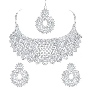 Shining Diva Fashion Diamonds Studded Silver Plated Latest Stylish Traditional Choker Necklace Jewellery Set for Women (13665s)