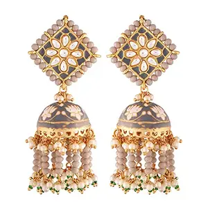 I Jewels 18k Gold Plated Meena Work Pearl Beads Studded Jhumki Earring For Women (E2921Gr)