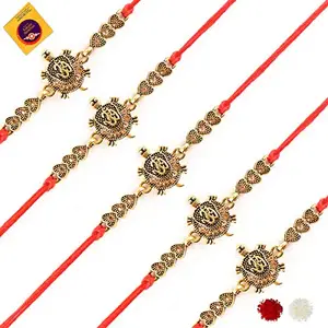 Beingelegant - Tortoise with OM Combo of 5 Rakhi for Brother with Roli Chawal & RakshaBandhan Greeting Card