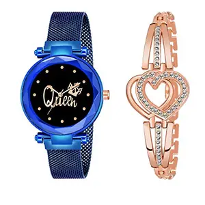 Red Robin New Casual Queen Black Dial Blue Magnet Strap Watch & Heart Copper Diamond Bracelet Combo - for Women & Girls