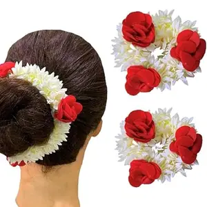 White artificial mogra gajra with rose for hair bun (pack of 2)