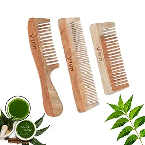 Patvy Neem wooden comb set combo for women and men | Anti dandruff and Everyday styling | Natural kachchi fine & wide tooth neem comb with handle (Pack of 3)