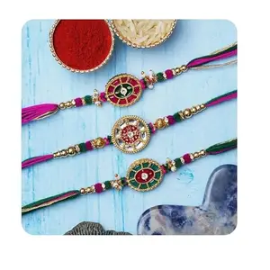 eCraftIndia Set of 3 Multicolor Designer Rakhis for Brother, Bhabhi, Kids with Roli Chawal Pack