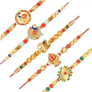 De Marquis Designer Rakhi (Pack of 5) | Roli-Chawal Pack With Greeting Card | Happy Rakshabandhan | Send Rakhis for Brother/Bhai/Bhaiya/Bhabhi/Kids | Rakhee Gift