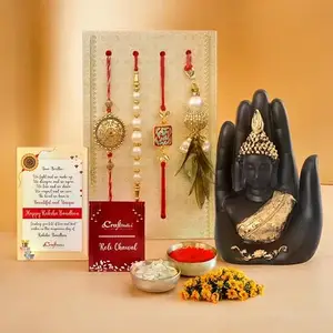 eCraftIndia Set of 4 Floral, Pearls, Diamonds, Lumba Designer Rakhis for Brothers and Bhabhi with Palm Buddha Statue - Roli Chawal Pack, Raksha Bandhan Greeting Card