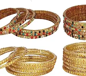 Somil Combo Of Party & Wedding Colorful Glass Bangle/Kada, Pack Of 24, Multi,Golden
