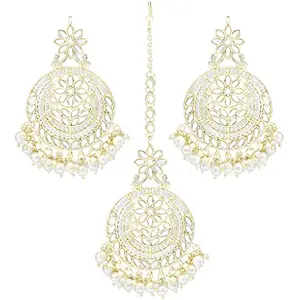 Peora Round Shape Gold Plated Kundan Pearl Studded Chandbali Earrings and Maang Tikka Set Traditional Jewellery for Girls & Women