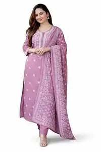 Women’s Cotton Chikankari Kurti Set with Pant & Dupatta | Lucknowi White Thread Embroidery 3 Piece Ethnic Suit Set for Women | Traditional Festive & Casual Wear