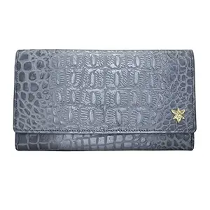 Anuschka Women’s Hand-Painted Genuine Leather RFID Blocking Three Fold Wallet - Croco Embossed Silver/Grey