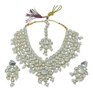 J & C Fashion Arena Beautiful Kundan Polki Long Necklace set with matching Earrings and Maangtika for Women (White) - JCFA-OX-ER-NC-00057