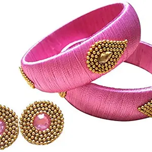 GOELX Festive Offer: Designer Handcrafted Silk Thread Bangles 2 PCs Kada Bangle Set with Studs in Beautiful Colors for Women - Pink - 2.4