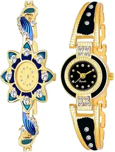 RENI SALES Stainless Steel Case Quartz Round Shape Analog Watch for Women(Gold::Black) RS054_RS089_Black_Combo