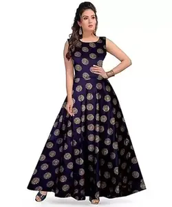 Lovely Looms Women Gold Print Rayon Long Flared Dress (Navy Blue)