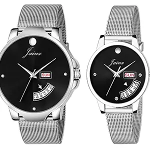 jainx Day and Date Feature Mesh Silver Steel Chain Analog Watch for Couple - JC490