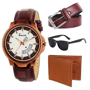 Zesta Gift Combo for Men of Day and Date Analog Watch for Men with Brown Wallet, Belt and Black Sunglasses for Men | Gift for Men | Watch and Wallet Combo Watches for Men Z1102