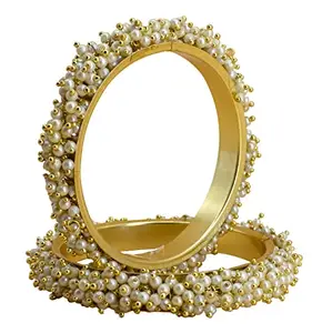 The Golden Cascade Beads Studded Metal Kada Gold Plated Design Bangles for Women & Girls (Pack of 2 Kada) (Cream, Small 2-4)