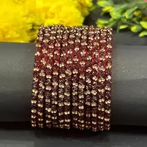 Bangle Women's Traditional designer glass zircon bangles set with rose pattern and golden stone work stylish for occasional wear(Pack of 12 Pcs)