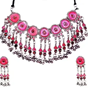 Total Fashion Jewellery Meenakari Afghani Boho Style Black Metalic Oxidised Choker Necklace Set for Women & Girls(Pink/Orange)