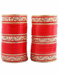 Lucky Jewellery Bridal Bangle Set Wedding punjabi chuda Designer chura, Red Acrylic Choora Set for Women (415-G1C1-A558-R2.8)