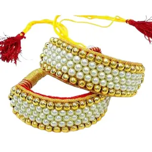 DHANLAXMI CREATION® 5 Line Pearl Rajasthani Pocchi Hand Bracelet Set Rajputi pochi kada Bajuband Jeweller for Women's (Design 2)