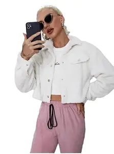 CRAMPLE®Flap Pocket Crop Teddy Jacket And Double Ton Jacket For Women (WHITE)