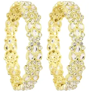 NMII Gold Plated Metal Kundan Stone & American Diamond Bangles For Women & Girls | Traditional Kada For Women | Fancy Rajwada Bangles | Bangles For Wedding, Party, Occasion-(MAH87-GoldWhite-2.8)