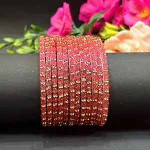 Bangle Women's Traditional designer glass zircon bangles set with rose pattern and golden stone work stylish for occasional wear(Pack of 12 Pcs)