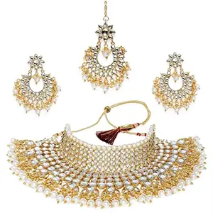 Amazon Brand - Anarva Anarva  18K Gold Plated Traditional Kundan & Pearl Studded Bridal Choker Necklace Jewellery Set for Women (K7085W)