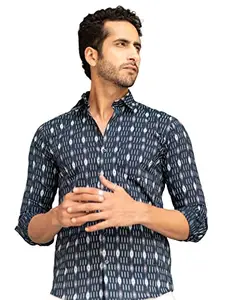 Tistabene Dark Blue Indigo Jaipuri Printed Sleeves Shirt for Men/Boy