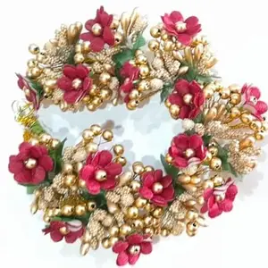 H2T Red Artificial Floral Gajra with Golden Pollens (HG-36R)
