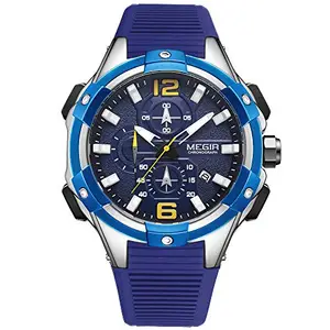 MEGIR Men's BLUE Chronograph Sport Watch with Silicone Band Luminous Wristwatches.