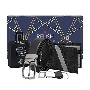 Relish Gift Combo Box of Men's Black Texture Wallet, Reversible Belt, Long Lasting Perfume and Metal Hook Keychain Pack